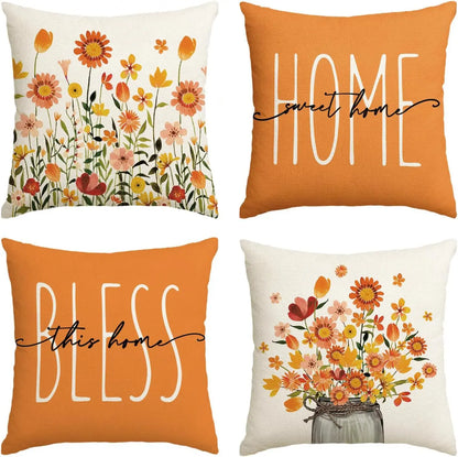 Home Sweet Home Eucalyptus Leaves Throw Pillow Covers, Spring Summer Seasonal Decorations for Home, Set of 4