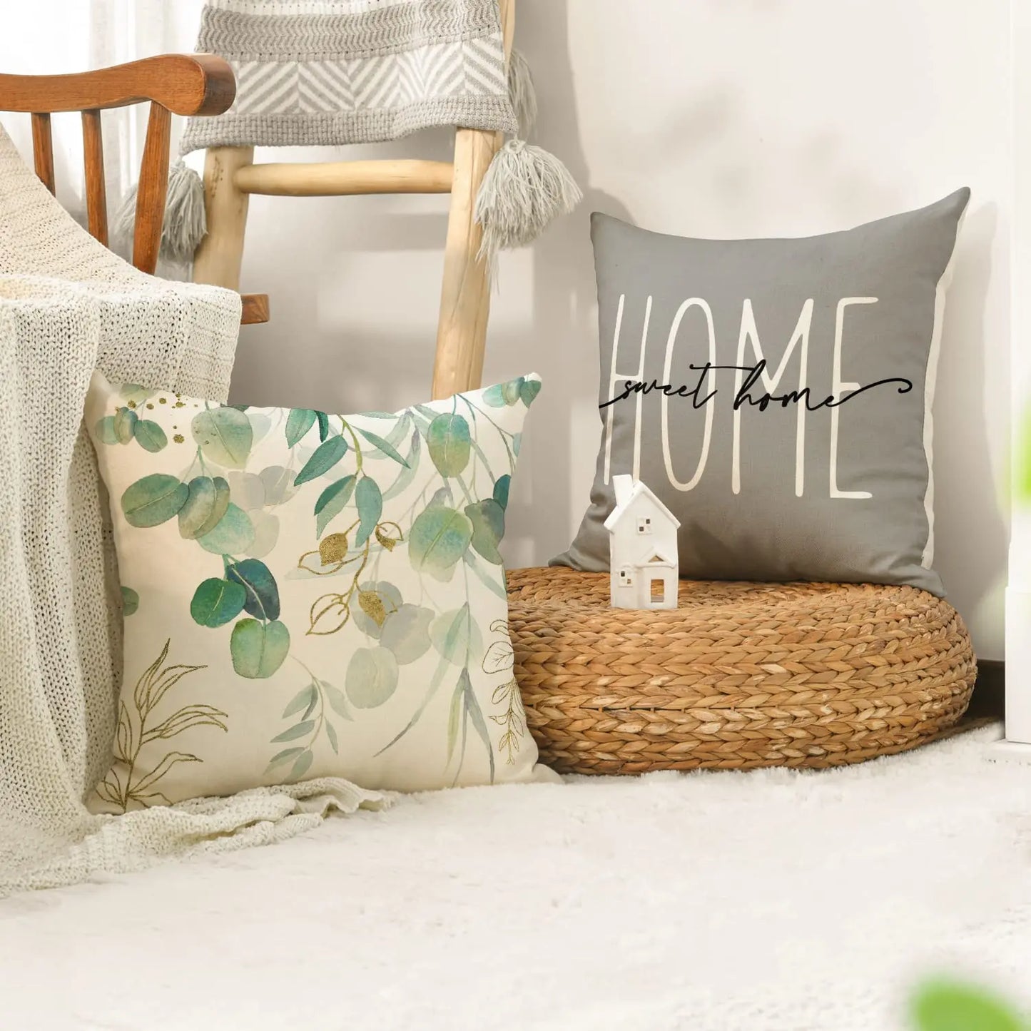 Home Sweet Home Eucalyptus Leaves Throw Pillow Covers, Spring Summer Seasonal Decorations for Home, Set of 4