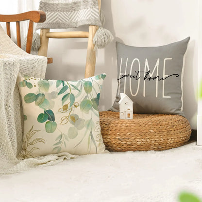 Home Sweet Home Eucalyptus Leaves Throw Pillow Covers, Spring Summer Seasonal Decorations for Home, Set of 4
